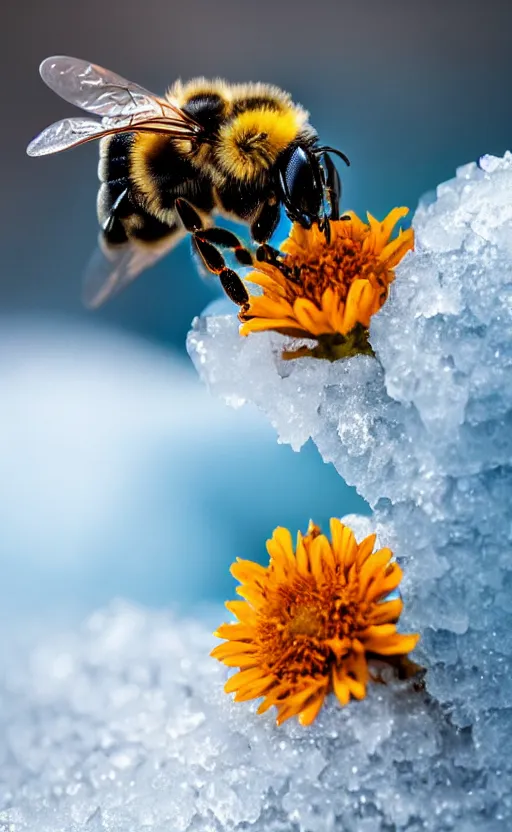 Image similar to a bee finding a beautiful flower, under a layer of ice, beautiful macro photography, ambient light