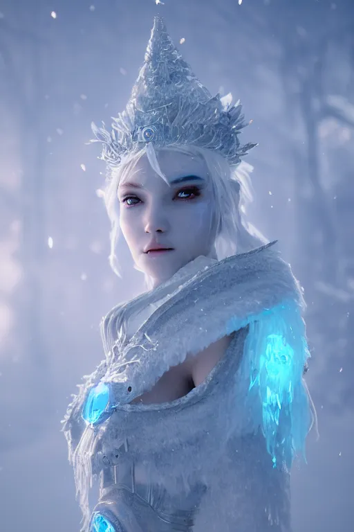 Image similar to ice goddess with beautiful face with a glowing blue crystal on her forehead, frosty white eyes, winter mist around her, white plated armor, pale skin, white smoke ， photorealism, octane render, frostbite, 8 k, cinematic, 3 5 mm, aspect ratio