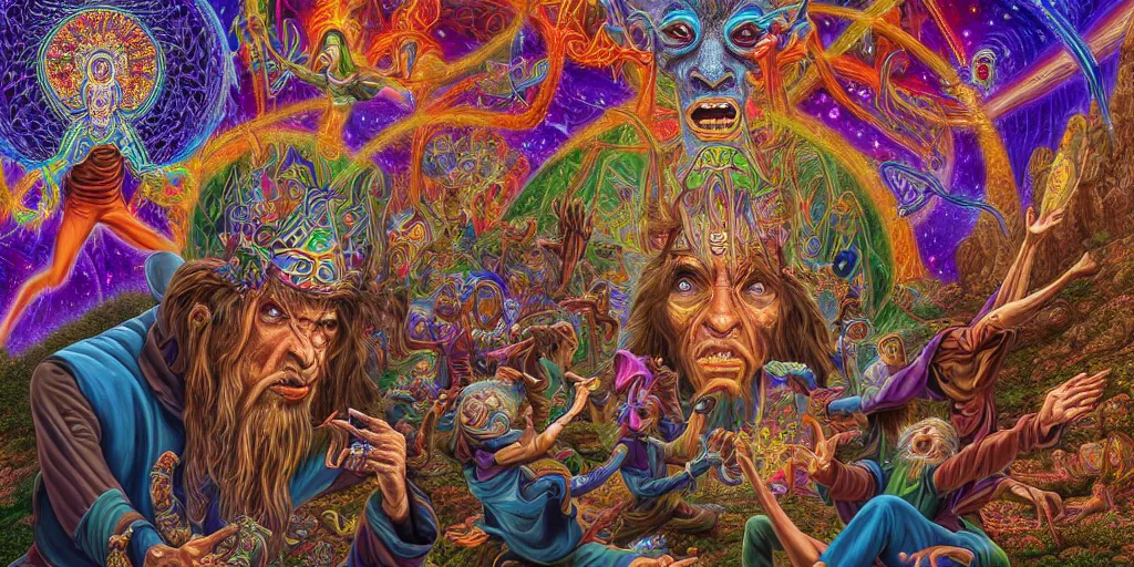 Prompt: hyper detailed portrait of a dmt spirit guide greeting a lost psychonaught, friendly dmt time elves, cathedral background, masterpiece composition, 8 k resolution, ultra fine illustration, tokio aoyama, alex grey, todd schorr, highly detailed,
