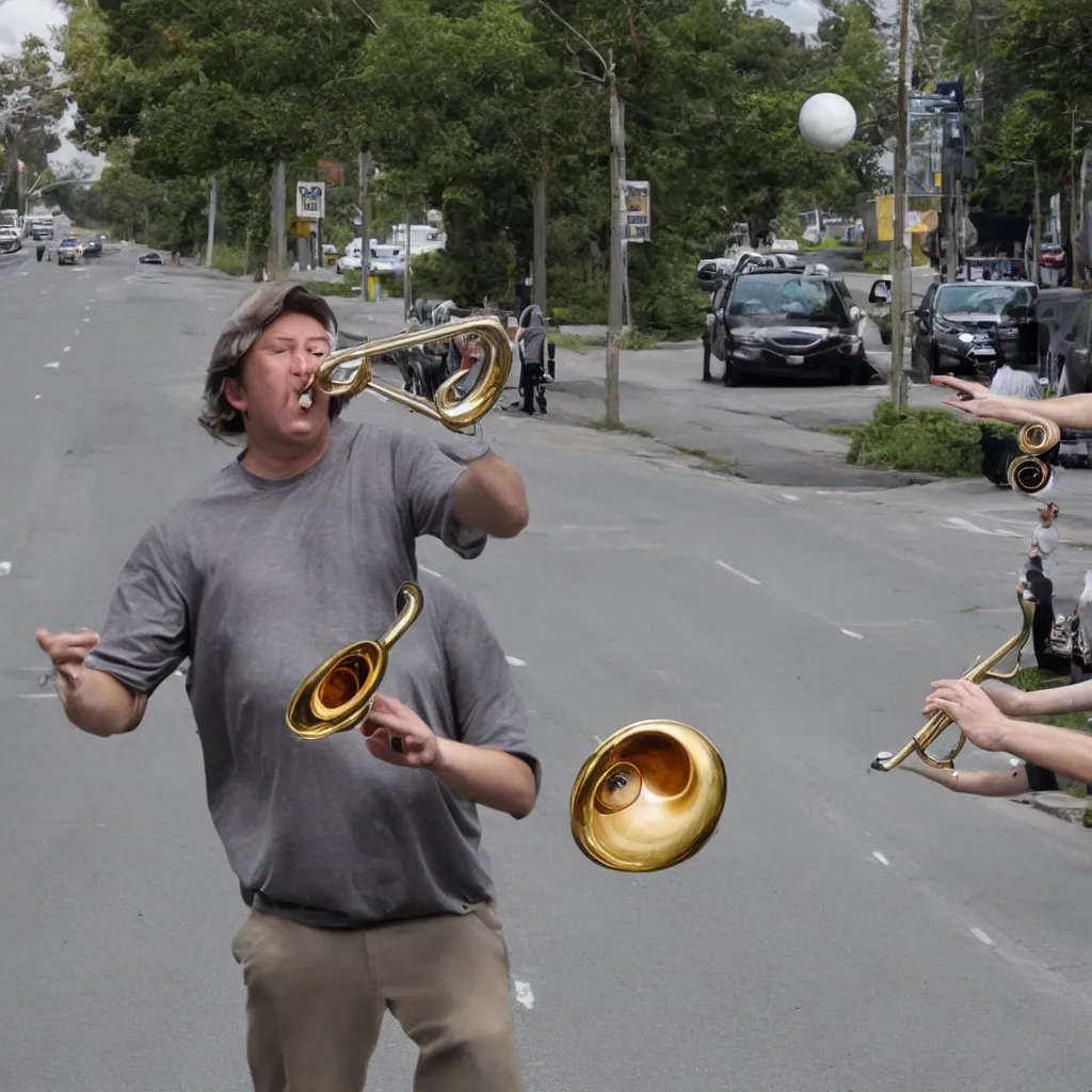 Image similar to Photograph of A large eyeball bouncing down the road playing a trumpet.