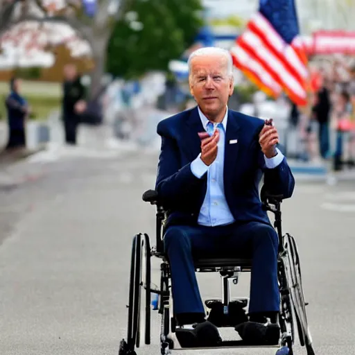 Image similar to still image of joe biden sitting in a wheelchair that has a rocket booster attached to the back, turbo boosted wheelchair, 8 k photo