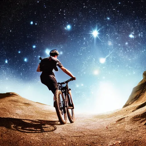 Image similar to surreal, dreamlike image of a person riding a mountain bike througout deep space, view from camera placed on his helmet