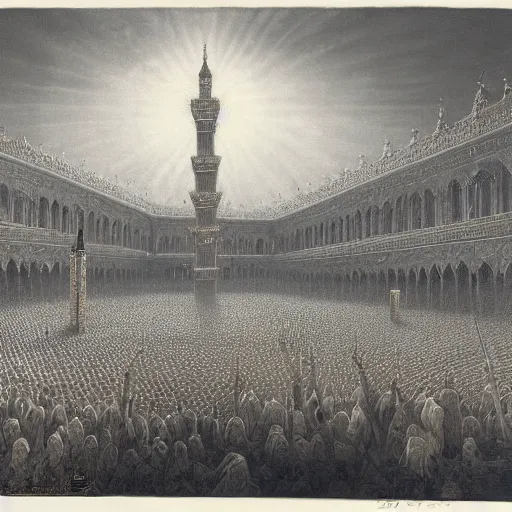 Image similar to painting of the kaaba on hajj day, highly detailed, volumetric lighting, god rays, by gustave dore and john collier