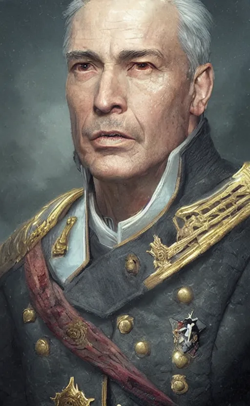 Image similar to Portrait of a middle-aged admiral, male, detailed face, fantasy, highly detailed, cinematic lighting, digital art painting by greg rutkowski