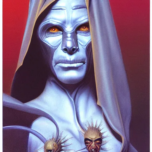 Prompt: female in golden mask by Wayne Barlowe