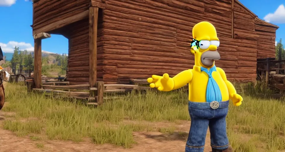 Prompt: Screenshot of Homer Simpson as a 3d cowboy in full cowboy attire in the videogame 'Red Dead Redemption 2'. Sharpened. 1080p. High-res. Ultra graphical settings.