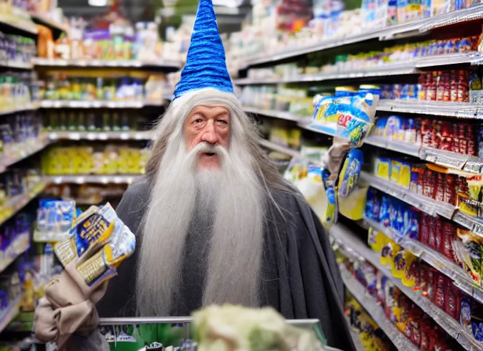 Prompt: photo of Gandalf wearing wizard hat, stacking supermarket shelves, depressing, sad, 85mm f1.8