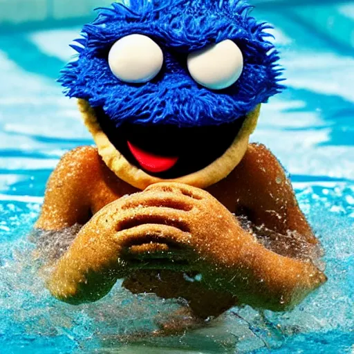 Prompt: the cookie monster swimming in a pool