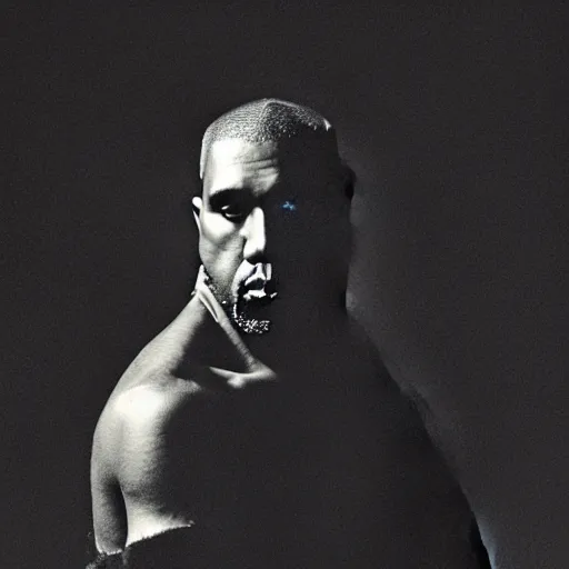 Image similar to a ( ( ( ( ( ( ( ( ( ( ( ( ( ( ( ( chiaroscuro lighting portrait ) ) ) ) ) ) ) ) ) ) ) ) ) ) ) of kanye west dressed as rick owens, black background, portrait by julia margaret cameron, shallow depth of field, 8 0 mm, f 1. 8