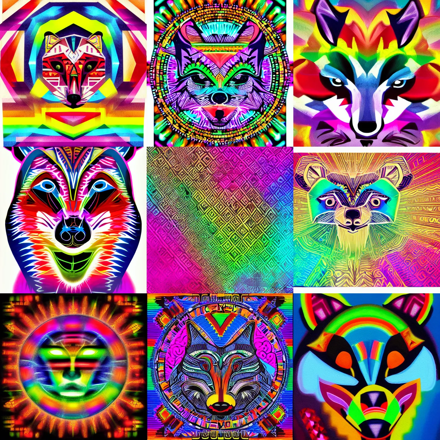 Prompt: Rainbow racoon face by Sylvia Ritter with neon rainbow aztec geometric patterns in background