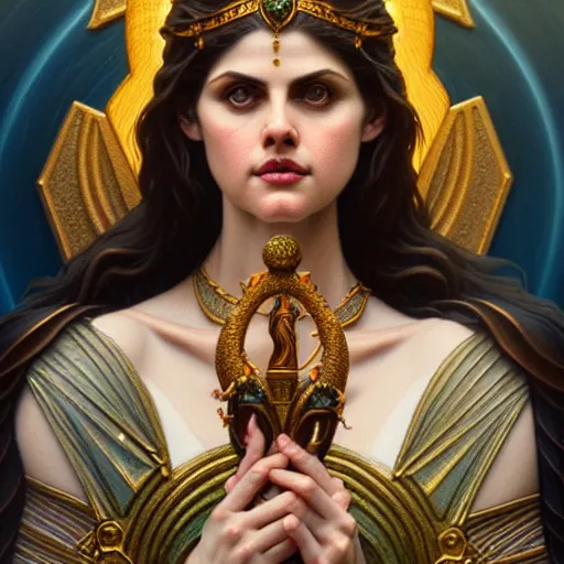 Image similar to ultra realistic tarot card illustration, a statue of glorious goddess alexandra daddario, intricate, elegant, highly detailed, digital painting, artstation, concept art, smooth, sharp focus, illustration, art by artgerm and greg rutkowski and alphonse mucha