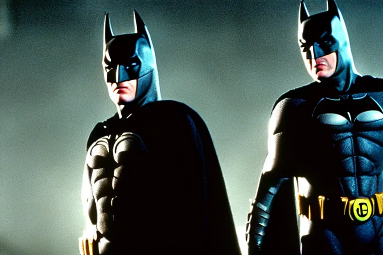 Image similar to Michael Keaton Batman from 1989 meets Ben Affleck Batman from the modern DCEU, ultra realistic, 4K, movie still, UHD, sharp, cinematic
