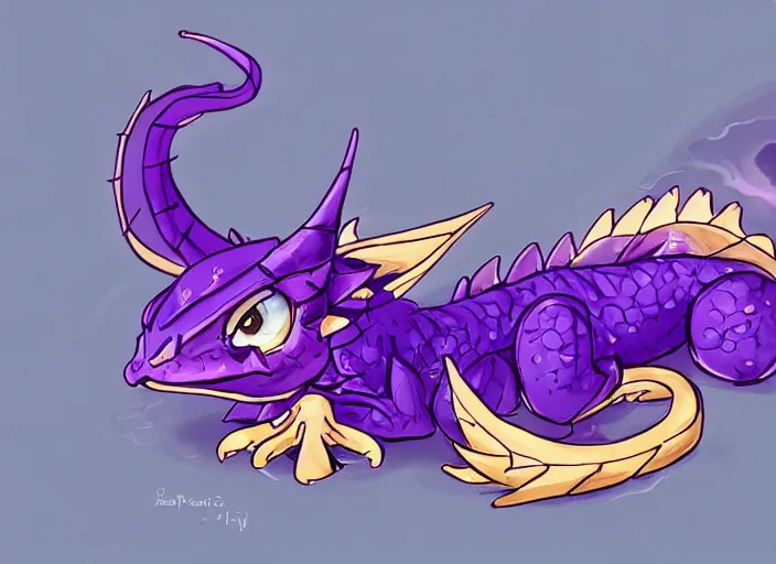 Prompt: A tiny cute purple and gold dragon lays down on its back, cute dragon relaxing, digital art, artstation