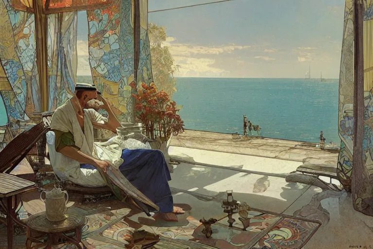 Image similar to a matte painting of a man sitting down and having a cup of tea in his house by the beach, by greg rutkowski, by alphonse mucha, muted colors