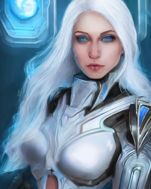 Image similar to perfect aidra fox with white hair, warframe armor, beautiful, dreamy, pretty face, blue eyes, portrait, bright light, scifi, utopian architecture in the background, laboratory, ultra realistic, intricate, glow, cinematic, extreme details, focused, masterpiece, art by seunghee lee, blair armitage