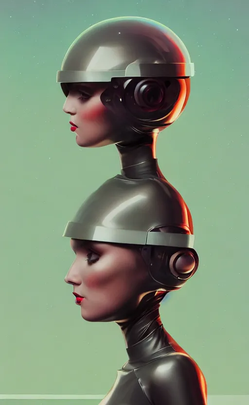 Image similar to portrait of a girl wearing very super tight latex dress and wearing a futuristic helmet by Petros Afshar and Beeple, James Gilleard, Mark Ryden, Wolfgang Lettl highly detailed