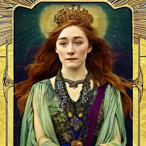 Image similar to saoirse ronan portrait by louis - theophile hingre and alphonse mucha, realistic, sharp focus, zodiac signs, tarot cards, planets, ethereal, art nouveau, magic, moon, sun, crown, dreamy, royal, jewellery