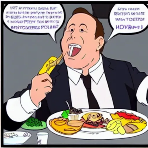 Prompt: Alex Jones eating an entire feast by himself in an anime style.