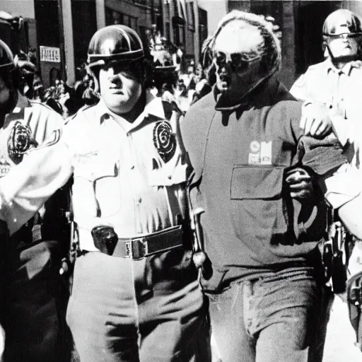 Image similar to big bird being arrested for inciting a riot, 35mm photo