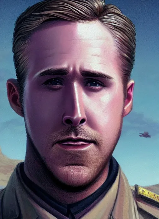 Image similar to purple scene lighting, detailed character portrait!!! concept art, older ryan gosling as a soldier with beard, short hair, in a soldier uniform, desert background, city skyline, sharp focus, illustration, highly detailed, digital painting, concept art, matte, art by wlop and artgerm and greg rutkowski, masterpiece