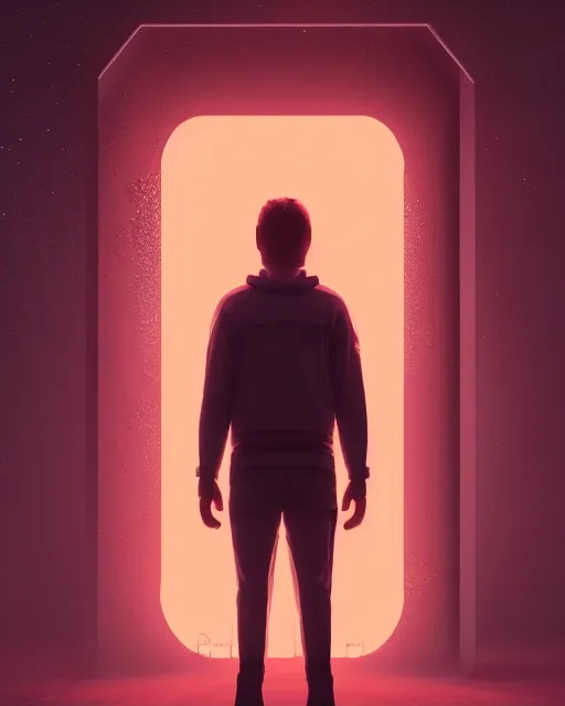 Image similar to a person standing in front of a glowy open door that's on a barren moon, poster art by mike winkelmann, trending on cg society, space art, sci - fi, ue 5, futuristic, volumetric lighting