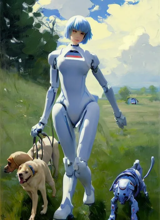 Image similar to Greg Manchess painting of Rei Ayanami in Plugsuit out with the dogs, EVA unit-00 in the back, countryside, fantasy character portrait, dynamic pose, above view, sunny day, thunder clouds in the sky, artwork by Jeremy Lipkin and Giuseppe Dangelico Pino and Michael Garmash and Rob Rey, very coherent asymmetrical artwork, sharp edges, perfect face, simple form, wacky, 100mm