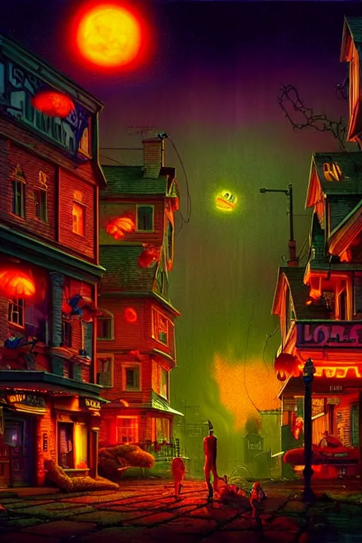 Image similar to a hyperrealistic vray rendering of a quiet autumn town being invaded by glowing ugly toxic dangerous monsters in the night, cinematic horror by chris cunningham, lisa frank, richard corben, highly detailed, vivid color,