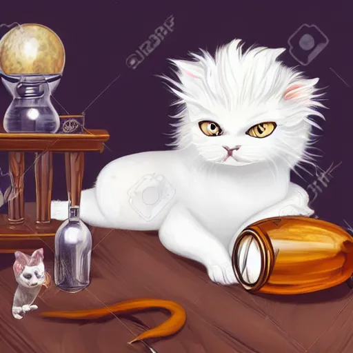 Image similar to a full body beautifull witch with white hair in an old room a cristal ball on wood table. with a potions and old instruments. on the floor a white cat licking his paw. in a fantasy style paiting
