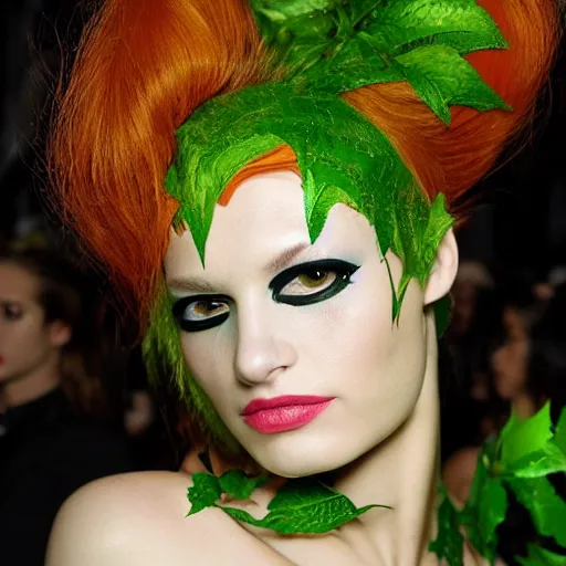 Prompt: A beautiful portrait of alicja tubilewicz smiling as Poison Ivy from Batman as a Versace fashion model Spring/Summer 2010, highly detailed, in the style of cinematic, Getty images, Milan fashion week backstage, Extreme close up, Makeup by Pat McGrath, Hair by Guido Palau, Greg rutkowski