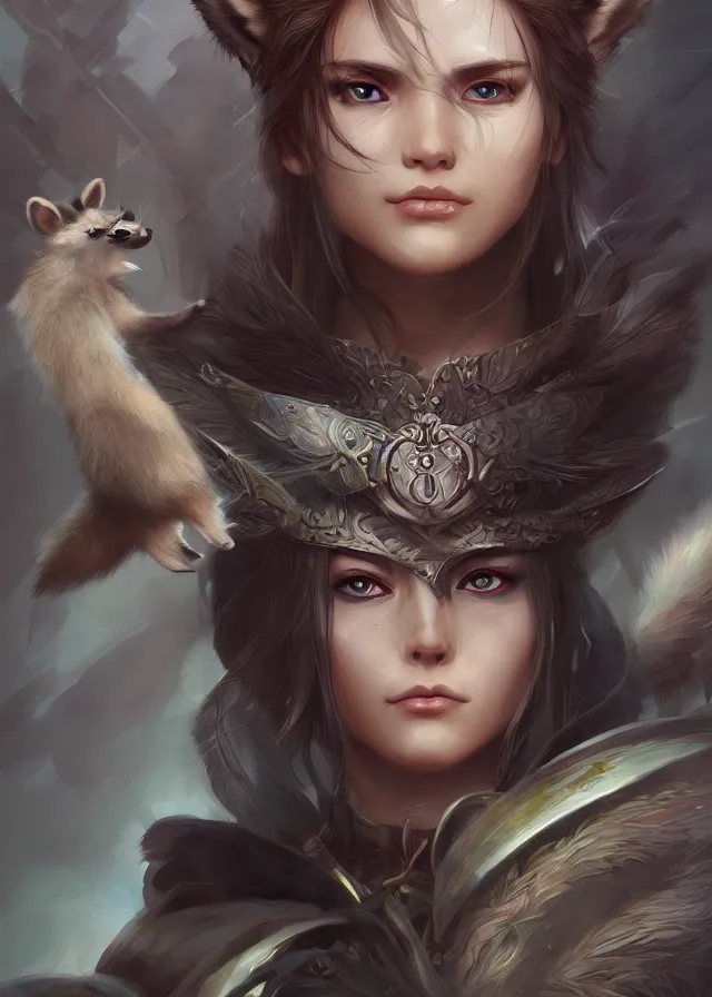 Image similar to a beautiful hyper realistic detailed painting of the sacred raccoon who guide her choosen knight, by artgerm, charlie bowater, inspired by dragon age inquisition featured on artstation