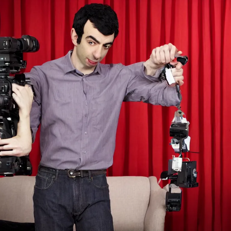 Image similar to dslr photograph of detailed realistic nathan fielder from nathan for you on comedy central on a stage with a red curtain as multiple marionette puppets controlled by hands holding the strings filmed by a tv crew, high detail!!! 8 k photorealism sharp focus volumetric lighting, coherent!!! art directed, rule of thirds
