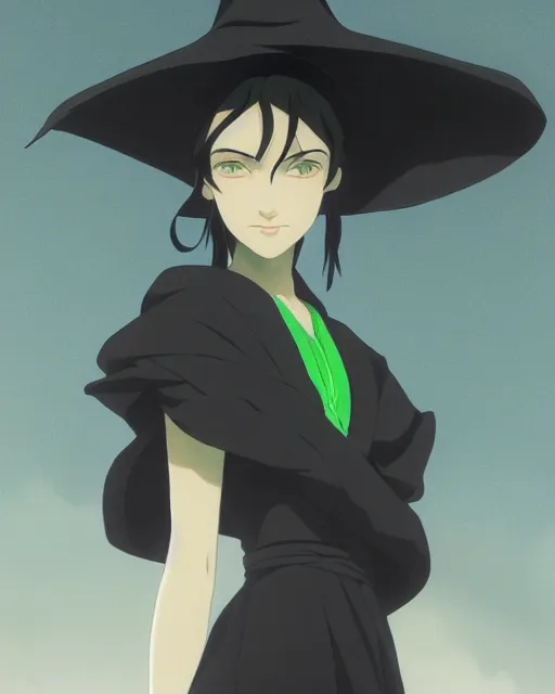 Prompt: young female witch with green skin wearing a black witch hat, jet black hair, bright green eyes and pale greenish skin, simple black dress, purple scarf wrapped around her neck, detailed perfect face, exquisite details, mid view, design on a dark foggy background, by studio muti, greg rutkowski makoto shinkai takashi takeuchi studio ghibli