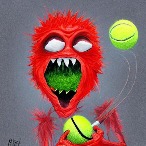 Image similar to a tennis ball monster, playing tennis, digital art, fantasy, magic, trending on artstation, ultra detailed, professional illustration by Basil Gogos