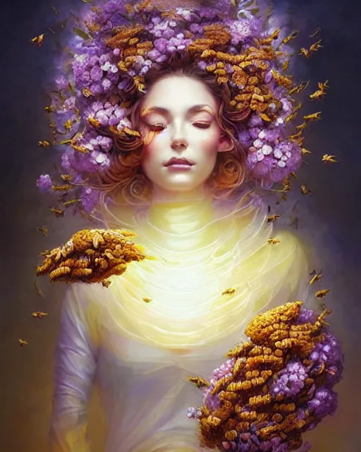 Prompt: Beautiful beekeeper woman covered in flowers and bees, radiant halo of light, swirling flowers, flowing silk, peter mohrbacher, artgerm