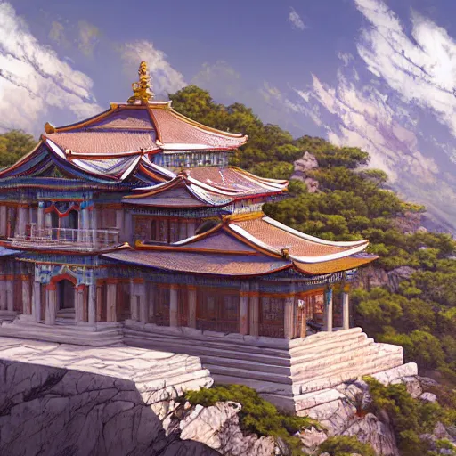 Prompt: concept art painting of a marble temple on top of a mountain, with greek and japanese architecture, overlooking a valley with a village below, realistic, detailed, cel shaded, in the style of makoto shinkai and greg rutkowski and albert bierstadt and james gurney