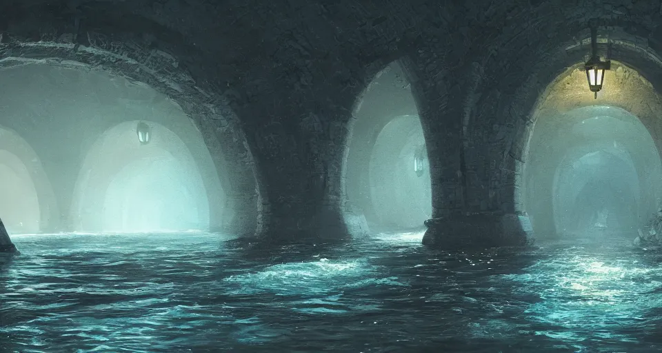 Prompt: a beautiful landscape painting, a water monster that lives in a single lane tunnel with overhead lights, by sam guay, moody lighting, hyperrealism, 4 k, octane render