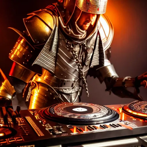 Image similar to photograph of a dubstep dj in medieval crusader armor djing during a medieval party, 8 k resolution, high detail