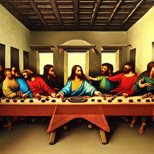 Prompt: a splay-paint graffiti art of The Last Supper by Da Vinci