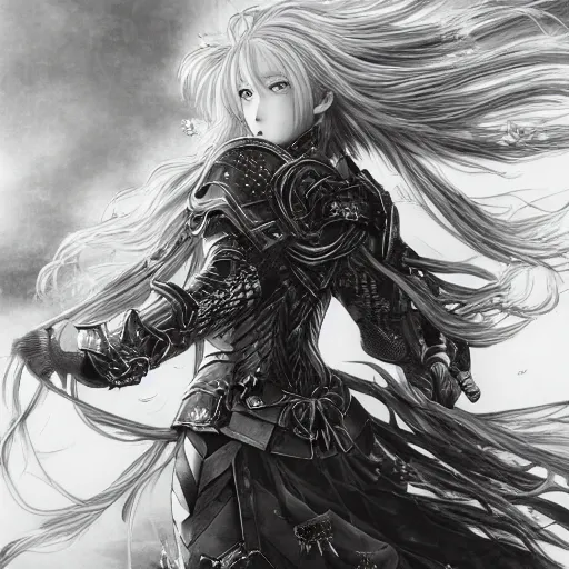 Image similar to yoshitaka amano realistic illustration of an anime girl with wavy white hair and cracks on her face wearing elden ring armour with the cape fluttering in the wind, abstract black and white patterns on the background, noisy film grain effect, highly detailed, renaissance oil painting, weird portrait angle