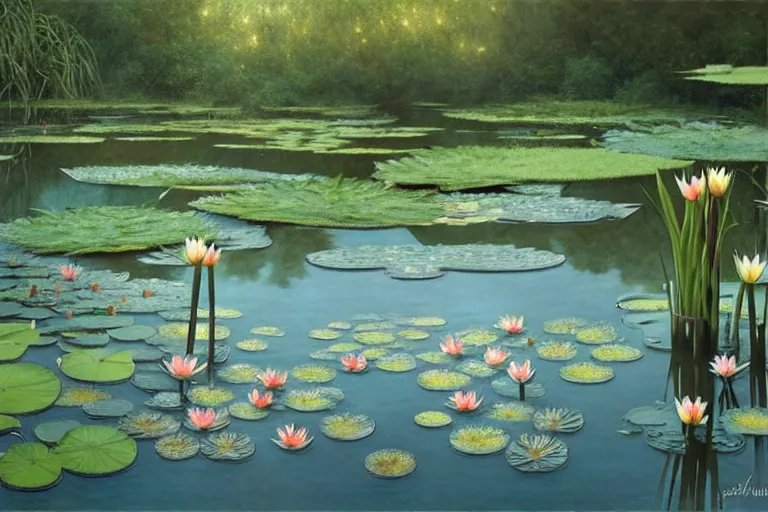 Image similar to pale teal rain beside pond with waterlilies, fantasy, intricate, elegant, dramatic lighting, emotionally evoking symbolic metaphor, highly detailed, lifelike, photorealistic, digital painting, artstation, concept art, smooth, sharp focus, illustration, art by John Collier and Albert Aublet and Krenz Cushart and Artem Demura and Alphonse Mucha