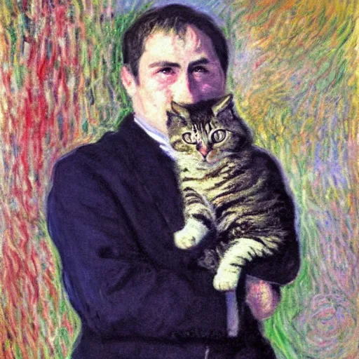 Prompt: putin holding a cat, claude monet ( 1 8 6 2 ), oil on canvas, detailed brushstrokes