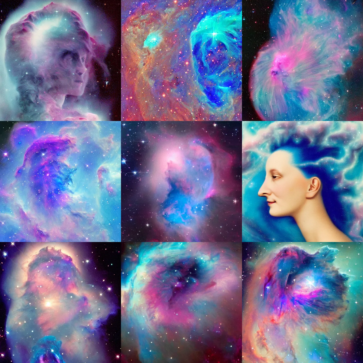 Prompt: side profile portrait of the face of a celestial goddess made of blue nebula with an aquiline nose and a gentle maternal smile looking down and to the left, her blue face emerging from a larger nebula which fills the rest of the image and is made of gaseous filaments which suggest long wavy orange and pink hair hanging over and behind her face, image by Hubble space telescope, dramatic lighting, trending on Artstation, 8k, photorealistic, hyper detailed, unreal engine 5, IMAX quality, cinematic, epic lighting, in the style of Greg Rutkowski