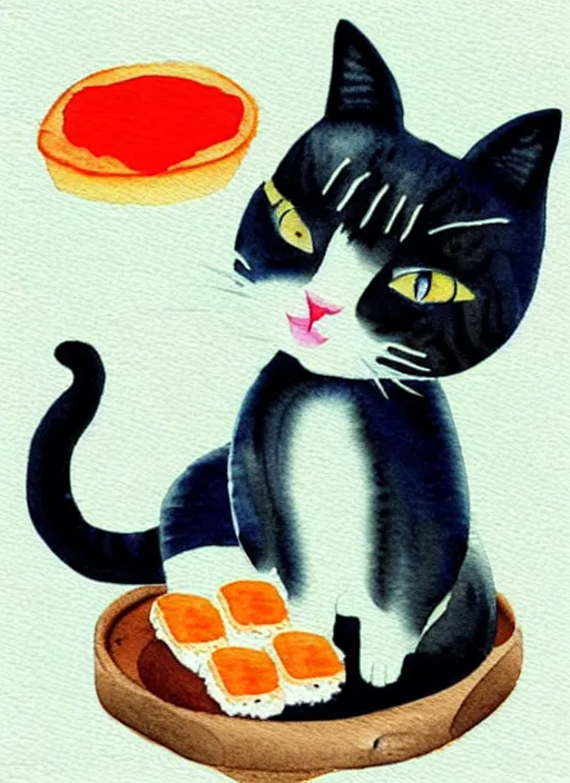 Image similar to cute cats and sushi watercolour