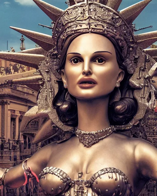 Prompt: highly detailed closeup, face profile portrait of a tin toy natalie portman as the staue of liberty, bikini, depth of field, nicoletta ceccoli, mark ryden, lostfish, max fleischer, breathtaking, detailed and intricate environment, 8 k resolution, hyperrealistic, octane render