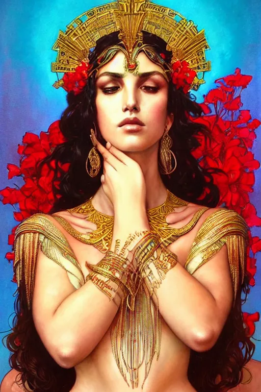 Image similar to monica belucci as the goddess hera, paper dress, volumetric lights, red and cyan theme, art nouveau botanicals, intricate, highly detailed, digital painting, artstation, concept art, smooth, sharp focus, symmetric face, illustration, art by artgerm and greg rutkowski and alphonse mucha