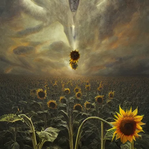 Image similar to a sunflower | highly detailed oil painting, hyperrealistic, very intrincate | cinematic lighting, award - winning | by rachel ruysch, giger, beksinski and bocklin | by austin osman spare and william blake, trending on artstation, cgsociety, official art, octane.