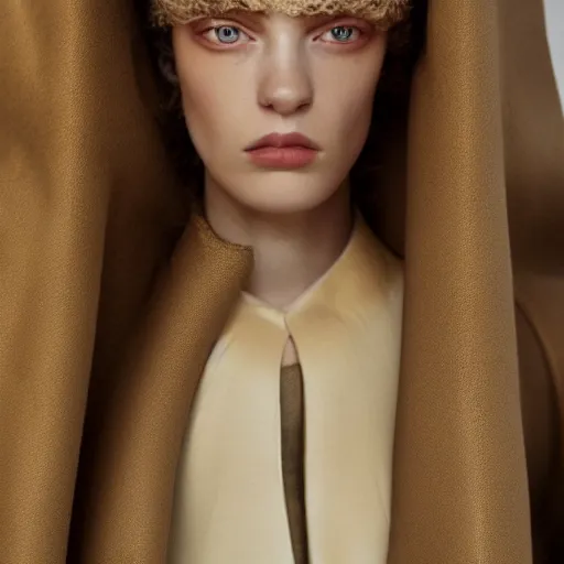 Prompt: close up of face of female fashion model, baroque style, beige colors, official jil sander editorial, highly detailed