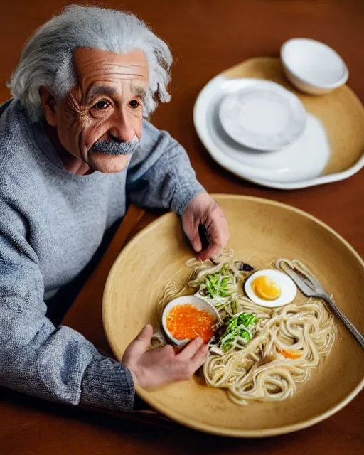 Prompt: a portrait of albert einstein sitting at the dining table with a plate containing tonkotsu ramen in front of him, highly detailed, trending on artstation, bokeh, 9 0 mm, f / 1. 4