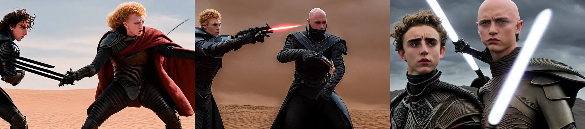 Prompt: Action shot of a duel between bald_ominous_brooding_Austin_Butler_as_Feyd-Rautha_Harkonnen against Timothee_Chalamet_as_Paul_Atreides, in an arena in movie Dune-2021, clear gaze, detailed eyes