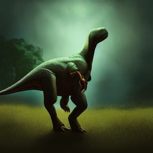 Prompt: Digital art of a somber dinosaur standing in the distance in the style of Dark Naturalism, Jungle Grunge, twilight, glows, detailed,